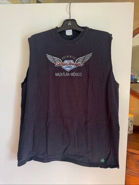 Senior Frog’s Mazatlán Mexico Winged Logo Sleeveless Tee - Black Size L EUC